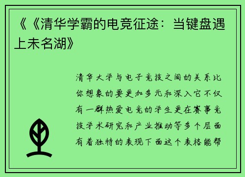 《《清华学霸的电竞征途：当键盘遇上未名湖》